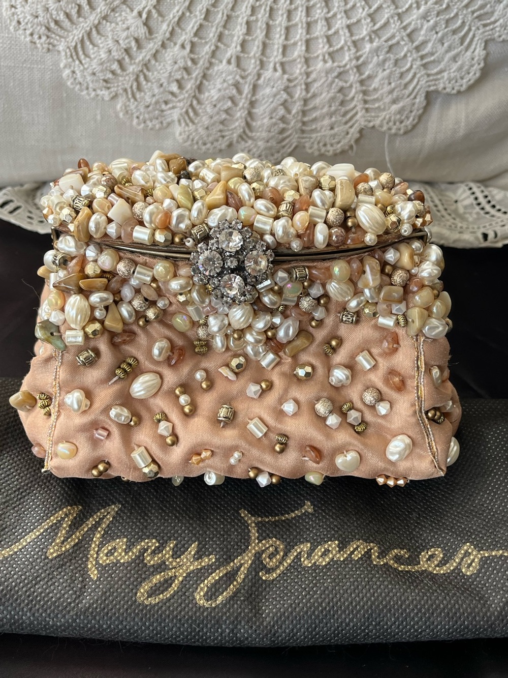 Mary Frances Vintage Champagne Pearl & Crystal Beaded Bag, EUC